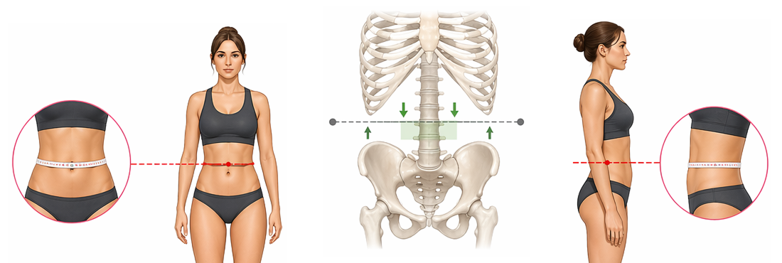 Anatomical landmarks for measuring abdominal circumference on a female body: midpoint between the lowest rib and the top of the iliac crest