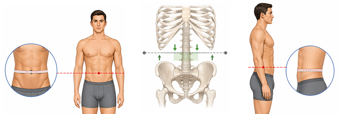 Male anatomical landmarks for waist circumference: front view, side view, and the midpoint between the last rib and iliac crest