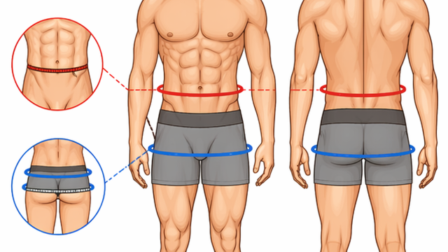 Male anatomical landmarks for waist-to-hip ratio: waist measured at the narrowest point between the lower costal margin and iliac crest, hips at the widest point over the buttocks